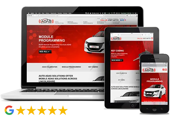 Auto ADAS Solution website on desktop, tablet and phone, 5-star Google rating