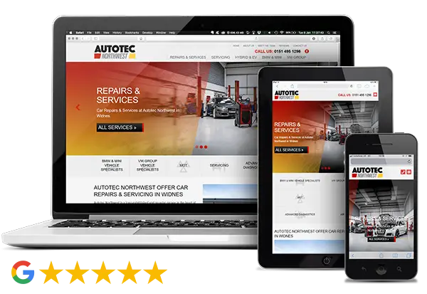 Autotec Northwest website on desktop, tablet and phone, 5-star Google rating