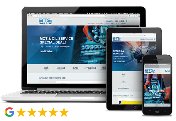 BTS Garage website on desktop, tablet and phone, 5-star Google rating