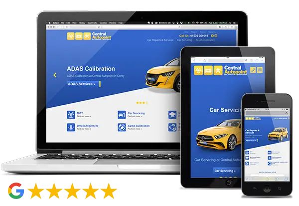 Central Autopoint (Corby) website on desktop, tablet and phone, 5-star Google rating