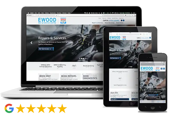 Ewood MOT & Service Centre website on desktop, tablet and phone, 5-star Google rating