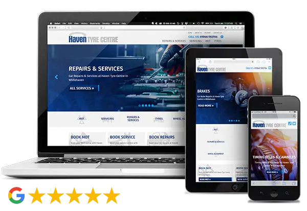 Haven Tyre Centre website on desktop, tablet and phone, 5-star Google rating