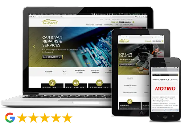 Lea Motors website on desktop, tablet and phone, 5-star Google rating