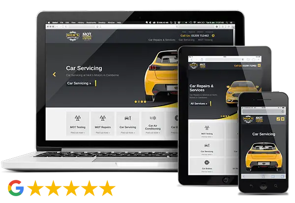 Nick’s Motors website on desktop, tablet and phone, 5-star Google rating