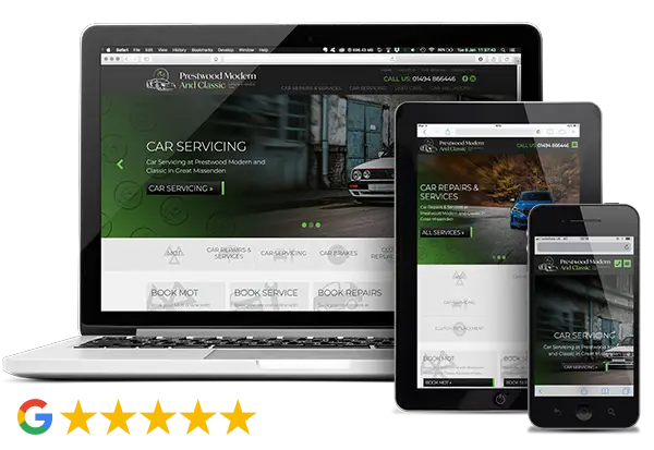 Prestwood Modern & Classic website on desktop, tablet and phone, 5-star Google rating