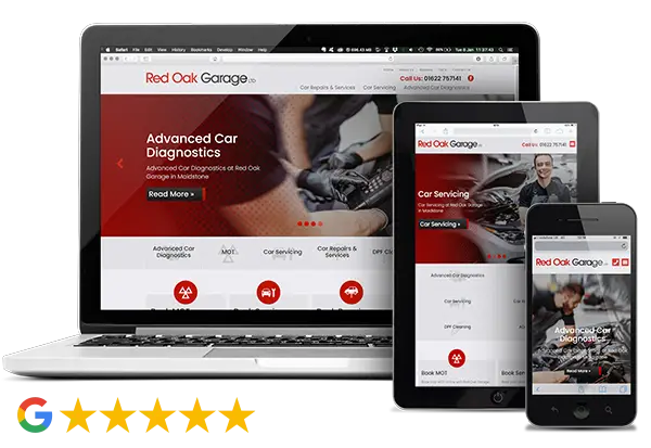 Red Oak Garage website on desktop, tablet and phone, 5-star Google rating