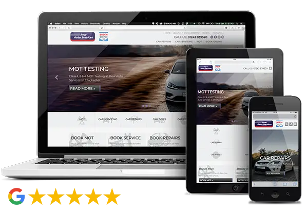 Rew Auto Services website on desktop, tablet and phone, 5-star Google rating