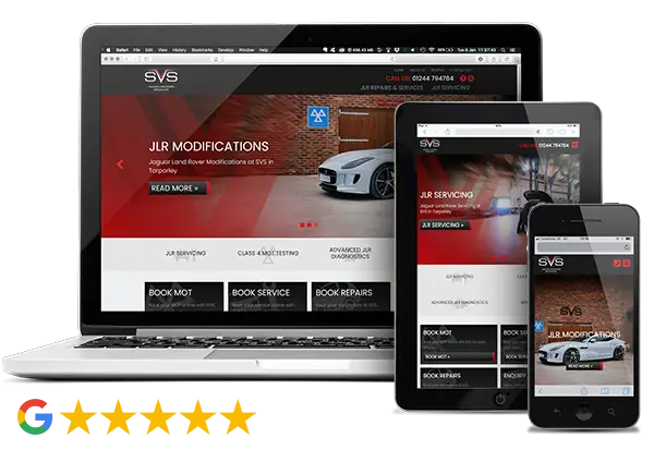 SVS Cheshire website on desktop, tablet and phone, 5-star Google rating