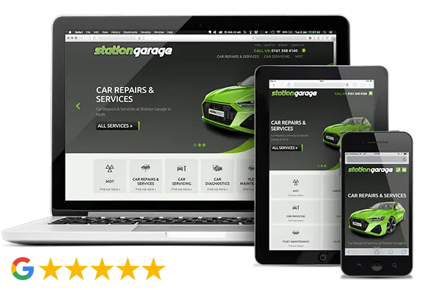Station Garage Hyde website on desktop, tablet and phone, 5-star Google rating