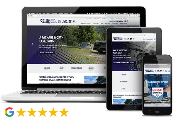 West Heath Garage website on desktop, tablet and phone, 5-star Google rating