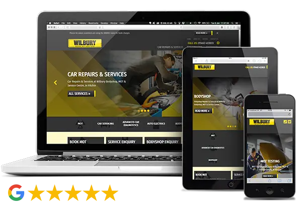 Wilbury Bodyshop MOT & Service Centre website on desktop, tablet and phone, 5-star Google rating