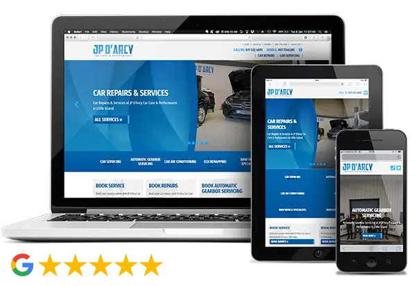 JP D’Arcy – Car Care & Performance website on desktop, tablet and phone, 5-star Google rating